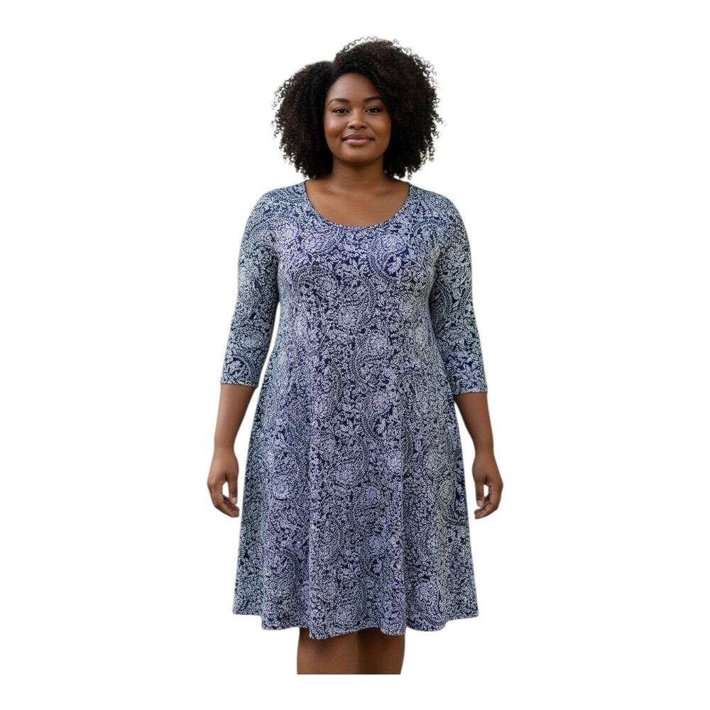 ELLOS Women's Plus 18 20 Madison Dress Shift Blue White Paisley 3/4 Sleeve